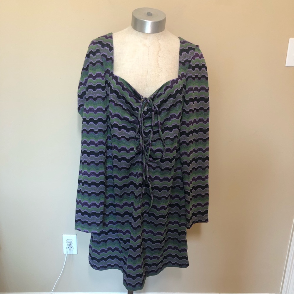 Zara Long Sleeve Purple and Green Wave Print Dress